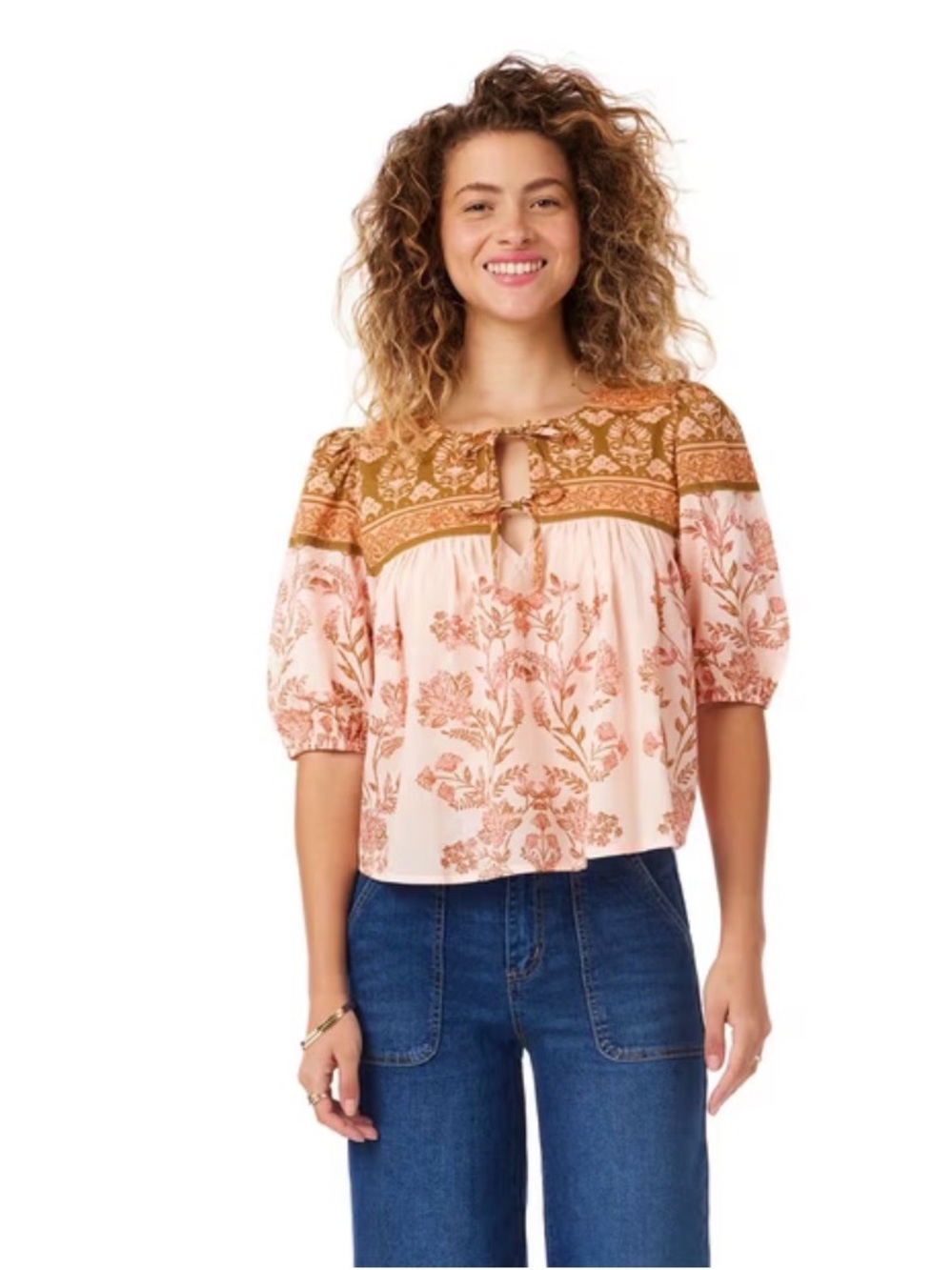 NWT! BILA Women's Tie-Neck Ivory Women's Pink Floral Puff Sleeve Blouse XS